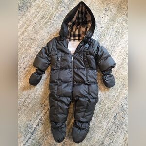 Very Dark Green / Almost Black Hooded Puffer Snowsuit with Mittens and Booties